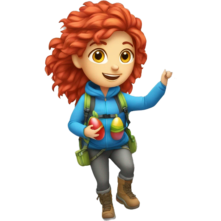 Female winter mountain climber red windy hair climbing with Greek flag on backpack and holding Easter eggs basket emoji
