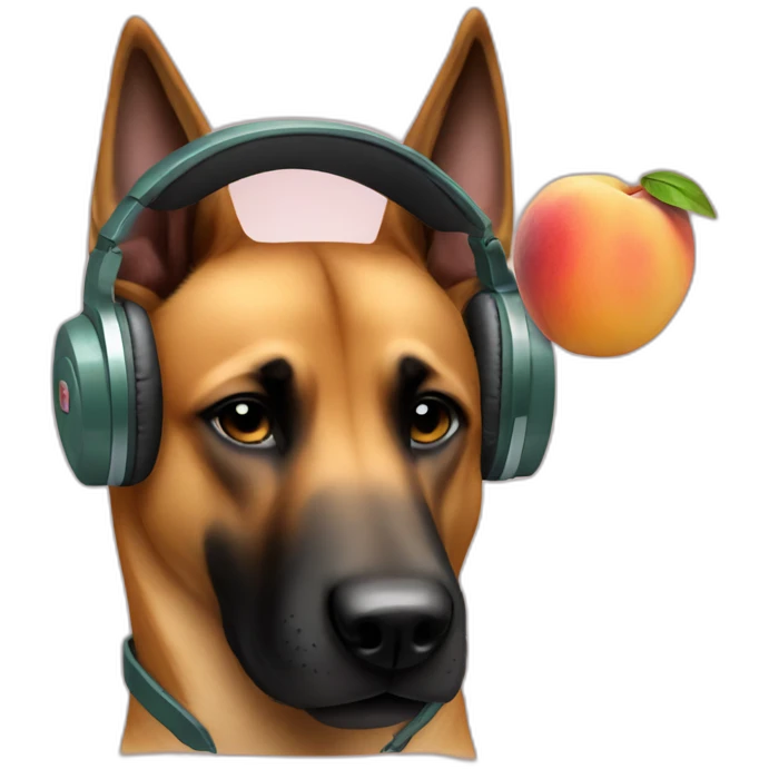 malinois dog with headphone eating peach emoji