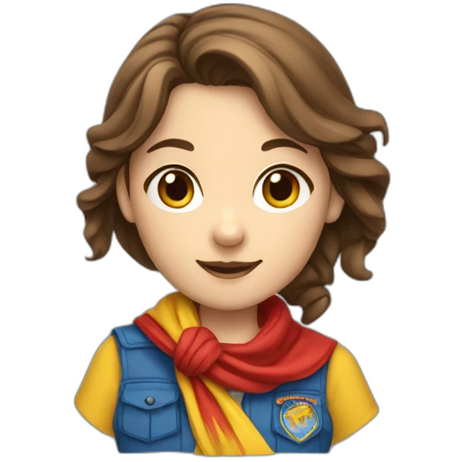 A scout girl with Brown hair with a knotted RED AND YELLOW scarf and a blue scout shirt emoji