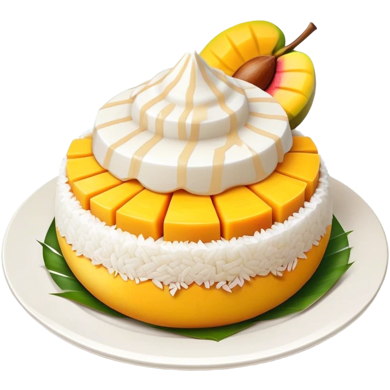 Mango Sticky Rice Cinematic Realistic Mango Sticky Rice Dessert Emoji, depicted as sticky rice drizzled with coconut milk topped with a layer of coconut cream, accompanied by sliced mango on the side of the plate, rendered with vivid textures and warm, tropical lighting. emoji