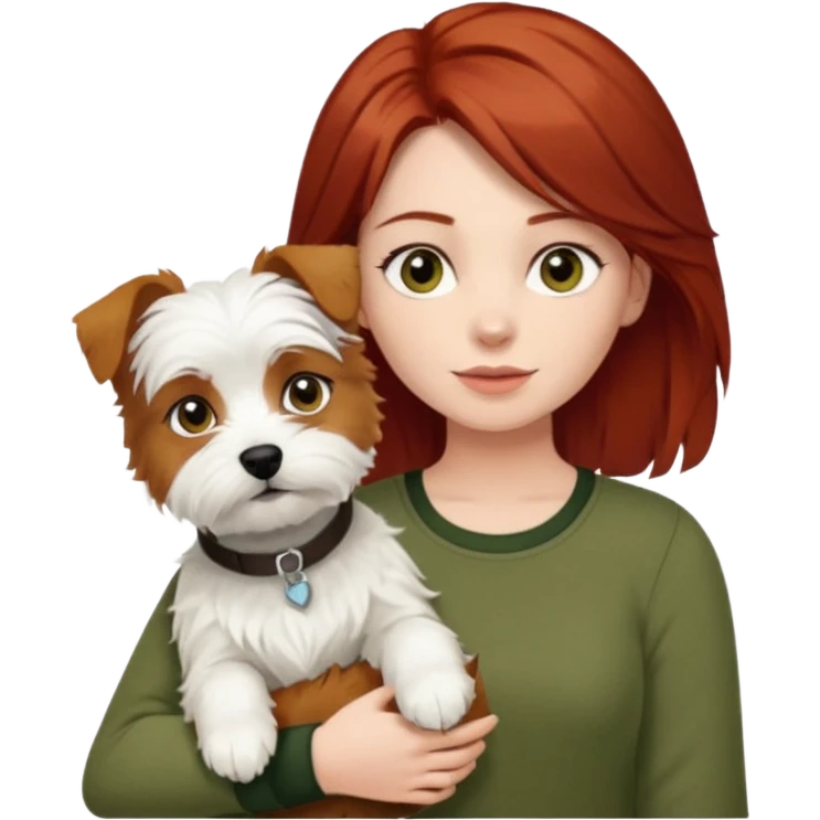 Westhighland white terrier dog being held by woman with dark shoulder length red hair and hazel eye wearing olive green top emoji