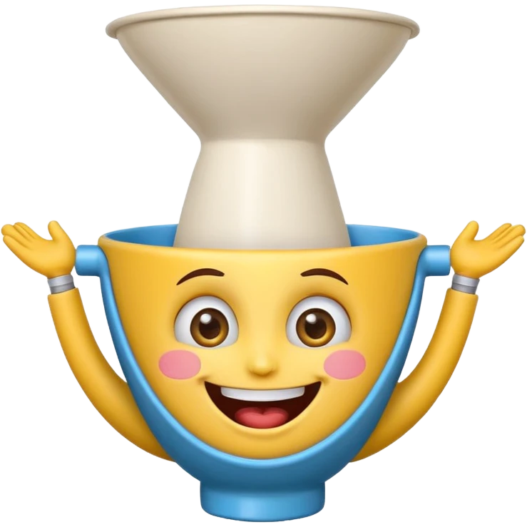 Crazy laughing emoji on upside-down kitchen funnel on its head (not a hat), wide smile, big eyes, cartoon emoji style, bright colors. emoji