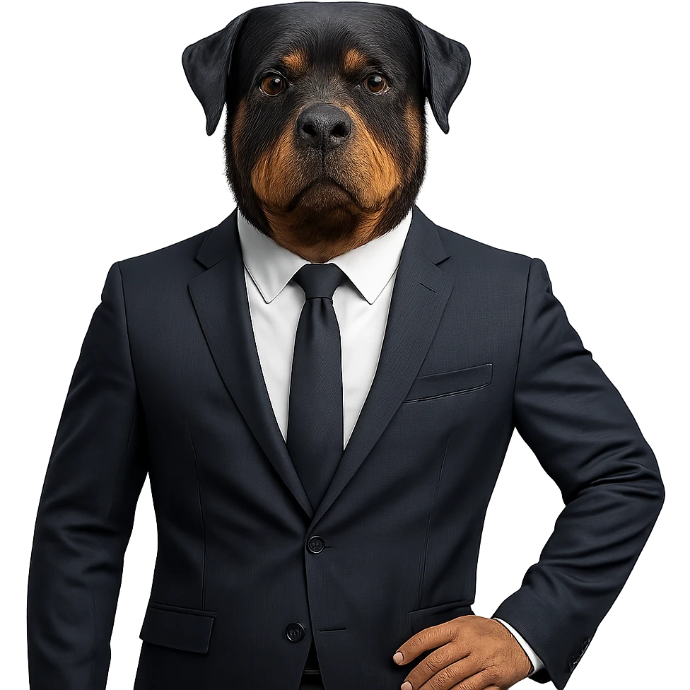 Rottweiler dog in a business suit, standing, confident pose emoji