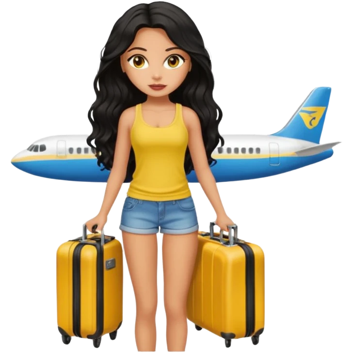 a pretty bratz dusky girl with long wavy black hair in a yellow tank top with a black suitcase at an airport emoji