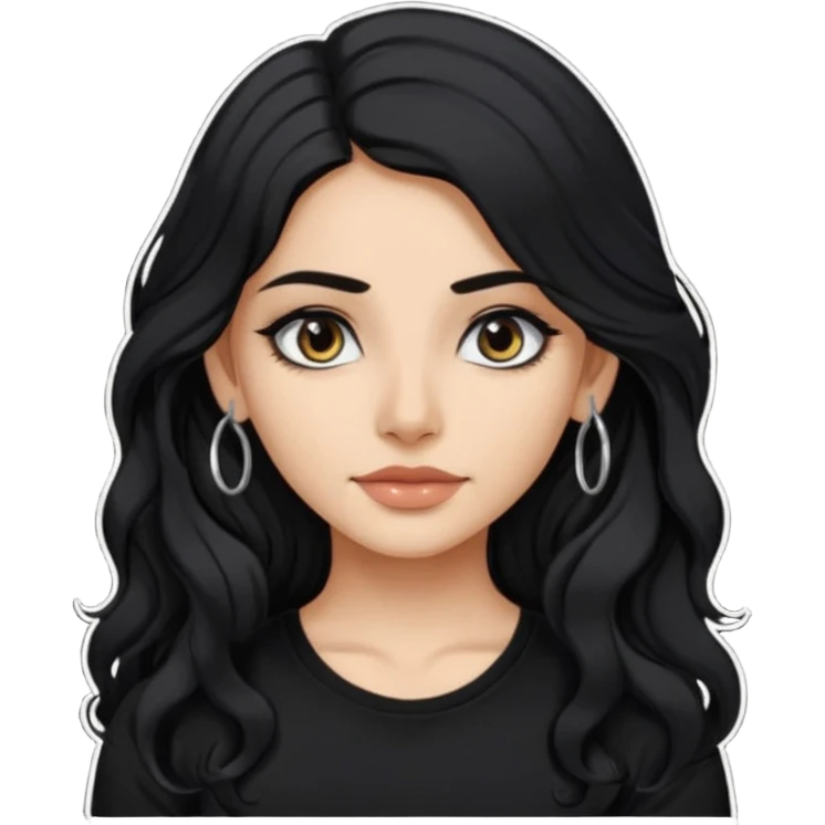 a pretty FAIR indian bratz girl with wavy long black hair, wearing a black tshirt, eyeliner on. no earrings emoji