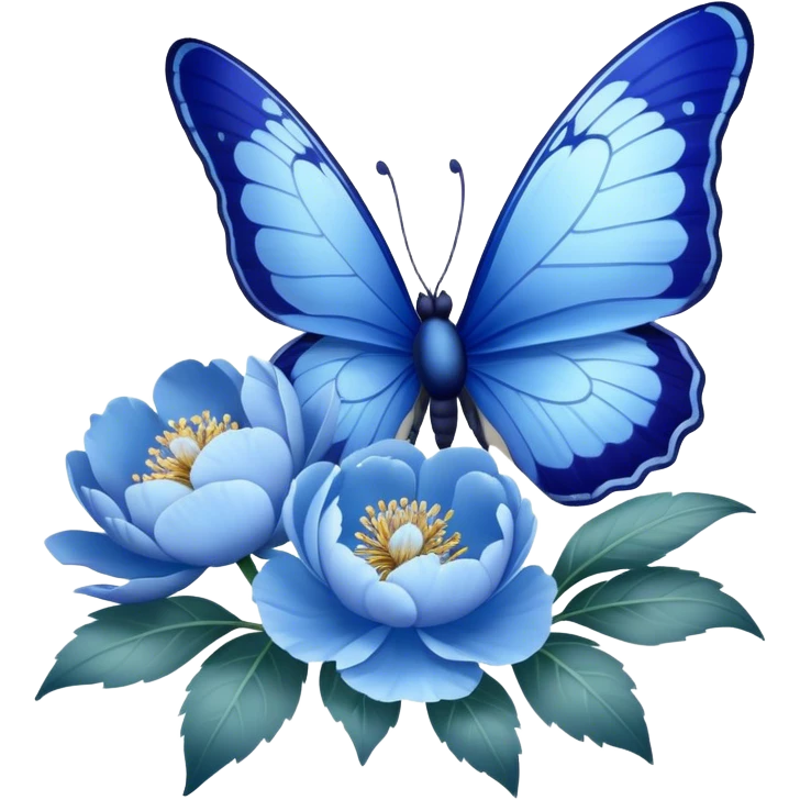 A delicate butterfly with cobalt blue and powder blue wings, its edges dusted with shimmering silver, gently perched on a cluster of blooming pastel blue peonies and deep navy pansies, their petals unfolding in the soft sunlight. emoji