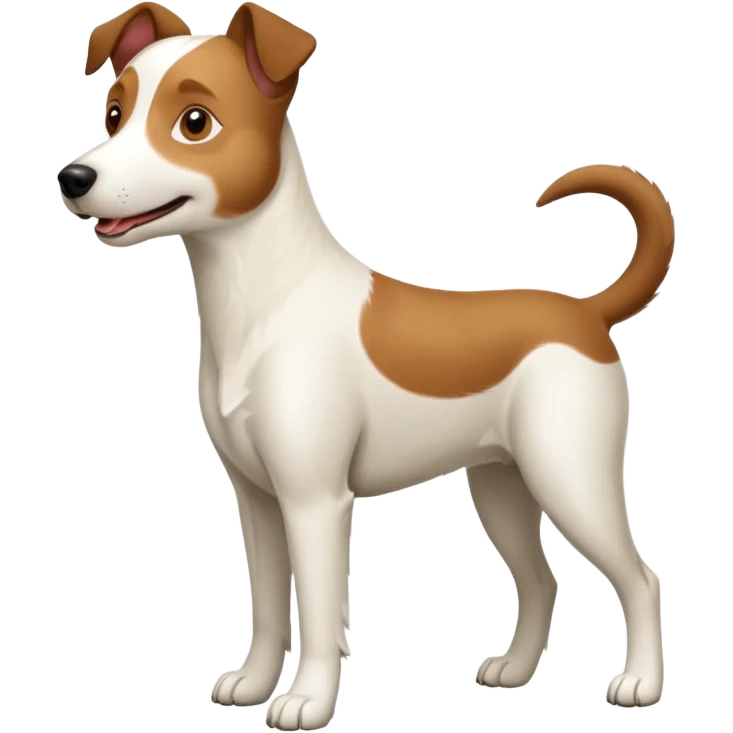 a full body large white parson russell looking dog the size of a kelpie with light brown ears and a light brown patch on one eye and a large snout emoji