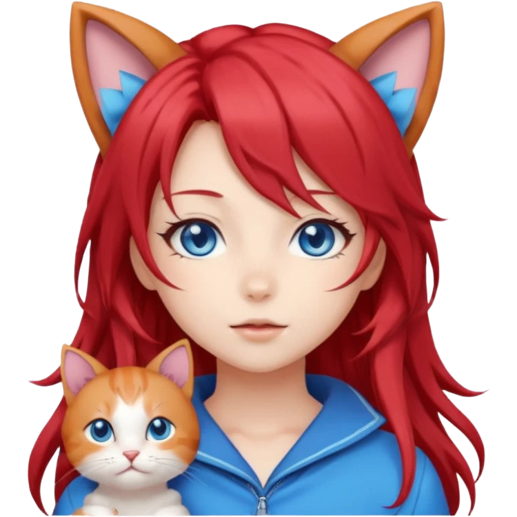 cute anime girl with cat ears, red blowing hair emoji