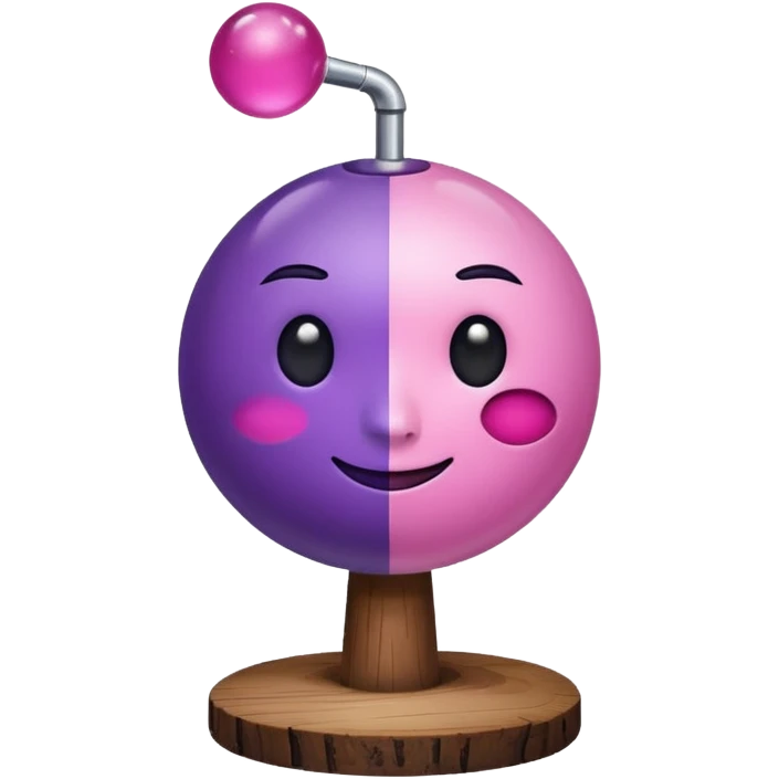 A half pink half purple ball with a face wooden stem followed by a glass stem on top of the wood stem tilted 90 degrees emoji