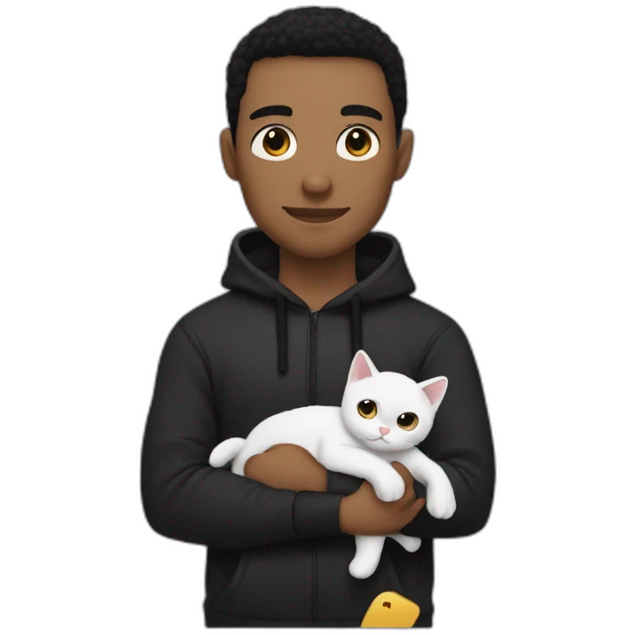 white man black hair, beany in tracksuit holdin black cat like a baby in arms emoji