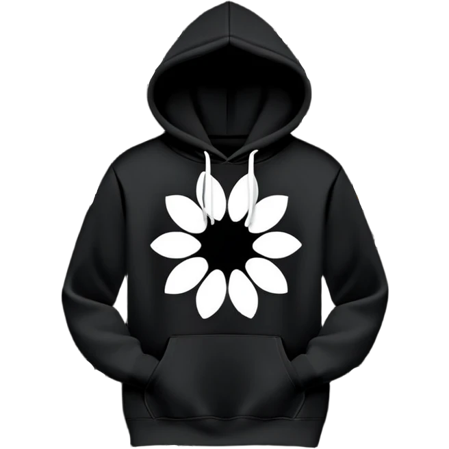 The BLACK Hoodie features a black base with distinctive white and black  open flower spots with empty space in the middle, These hollow ring-like patterns are scattered across. BLACK AND WHITE FLOWERS SPACED OUT FLOWERS, AND ONLY A FEW FLOWERS AND NO DOTS, NO VINES, NO LEAVES emoji