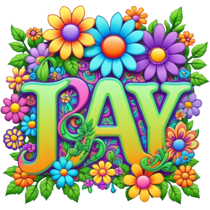 3D, gothic style psychedelic colored word Jay with hippie style flower border emoji