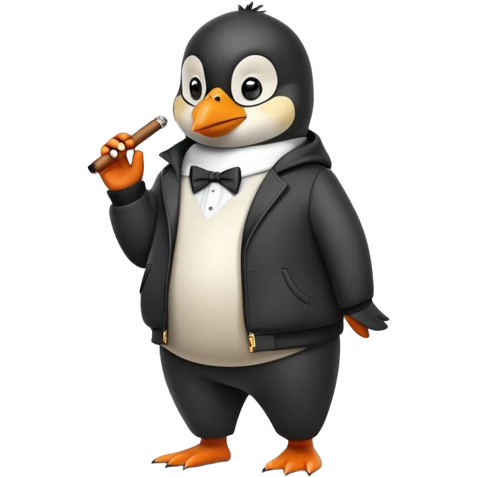 friendly anthropomorphised penguin wearing a mafia-style tracksuit, holding a cigar, confident pose, scheming soprano vibe emoji