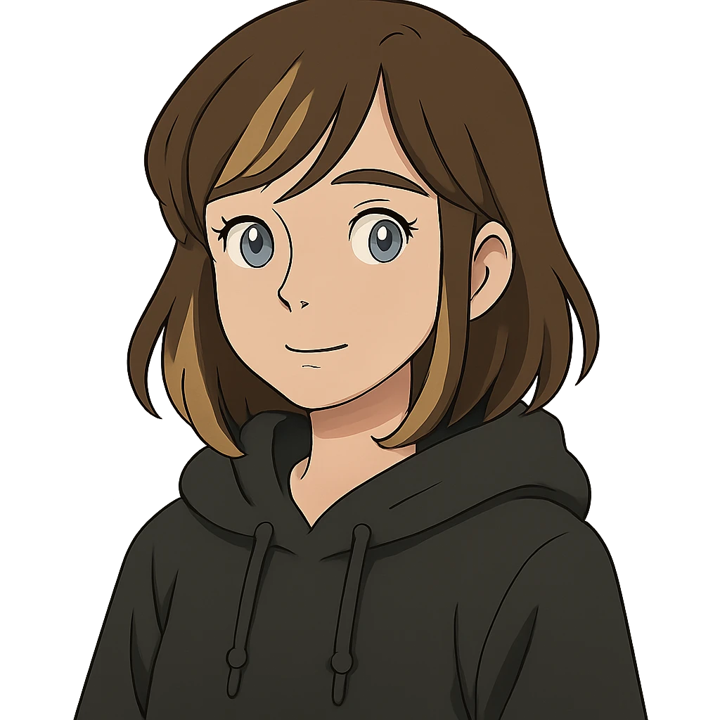 designer girl with blue eyes, brown hair with blonde highlights, black hoodie emoji