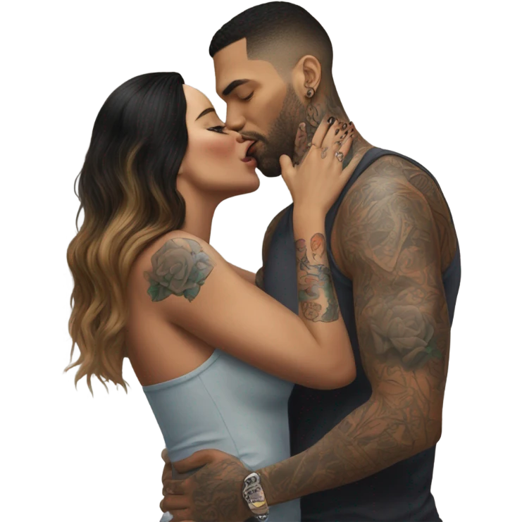 Photo Realistic beautiful woman kissing a very handsome tattooed man emoji