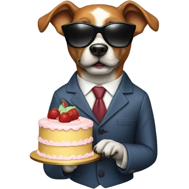 A dog holding a cake with a suit and sunglasses  emoji