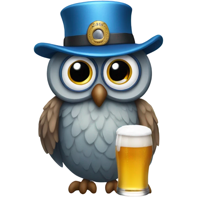 Blue owl wearing a hat you can drink beer from emoji