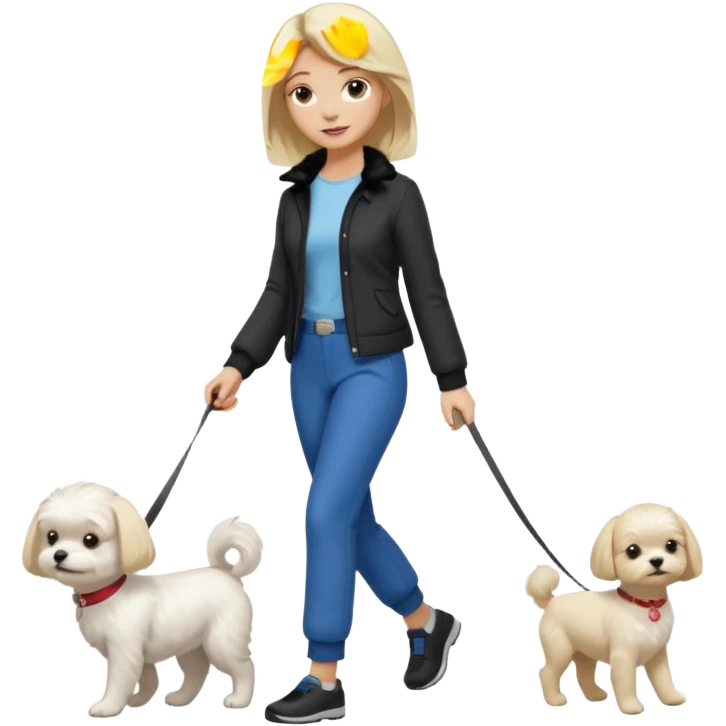 blonde woman wearing pants, walking a small maltese dog. emoji