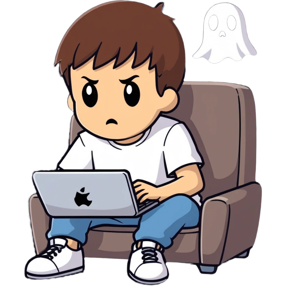 Young brunette boy wearing a ghost face tee shirt and playing video games on PC emoji