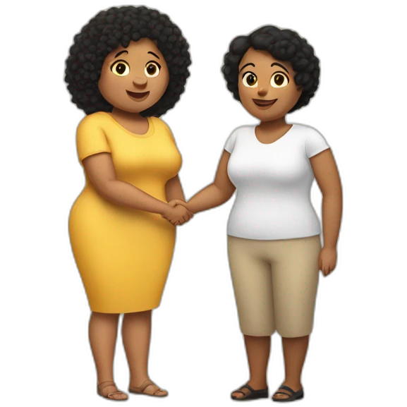 tan chubby woman with black curly hair shakes hands with a chubby pale woman who has straight light brown hair emoji