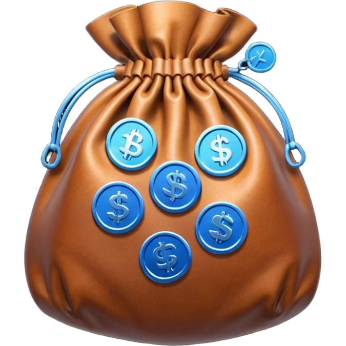 brown money bag with blue coins inside emoji
