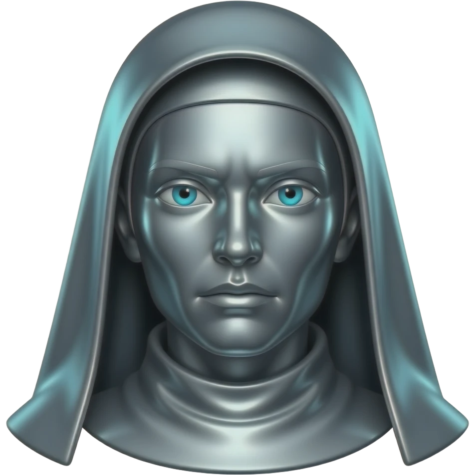 "A polished chrome monk woman statue head, front-facing, serious focused expression, glowing cyan (#00D4B1) eyes, dark background. Metallic reflections with subtle cyan light accents. Clean, no background, emoji style, high detail. The statue represents discipline, focus and self-mastery." emoji