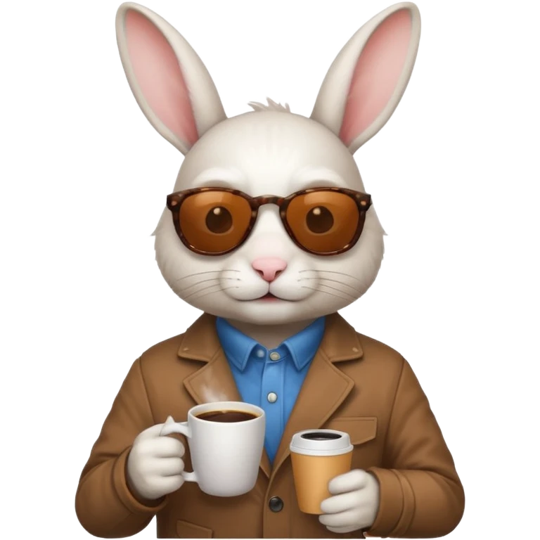 White rabbit, wearing brown jacket, sunglasses, holding coffee mug emoji