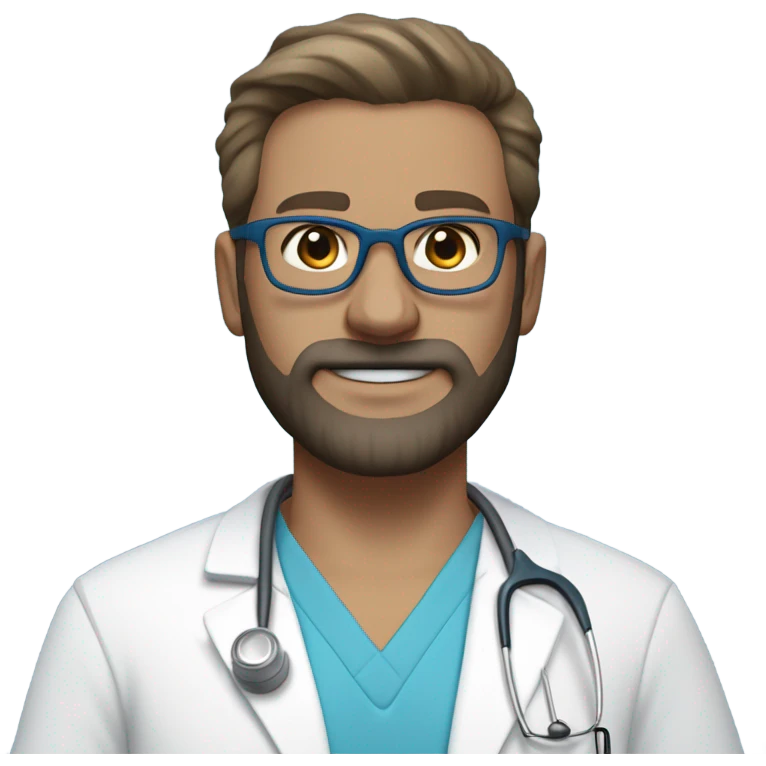 male dark blond haired doctor in scrub cap with grey van dyke beard with hazel eyes and small wire-rimmed glasses in blue scrubs holding a large paintbrush emoji