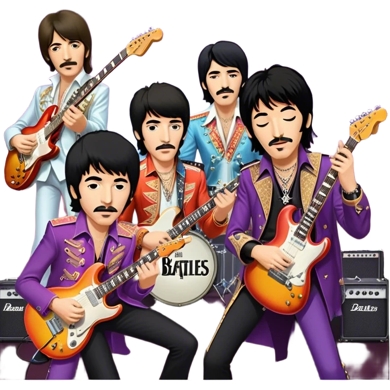 Rock music icon: collage of legendary rock stars—The Beatles, Jimi Hendrix, Elvis Presley, Queen, Nirvana, Led Zeppelin. Electric guitars, amplifiers, and microphones surrounded by vibrant stage lights and musical notes. Transparent background. emoji