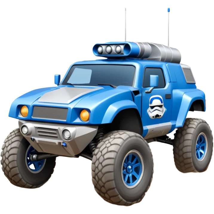Star Wars’s Range trooper’s police evil darkly night blue Dirty and dented Local Motors Rally Fighter off road race car hot rod meets hummer trophy truck-style basher flying down a dusty road catching everything (silver wheels) emoji