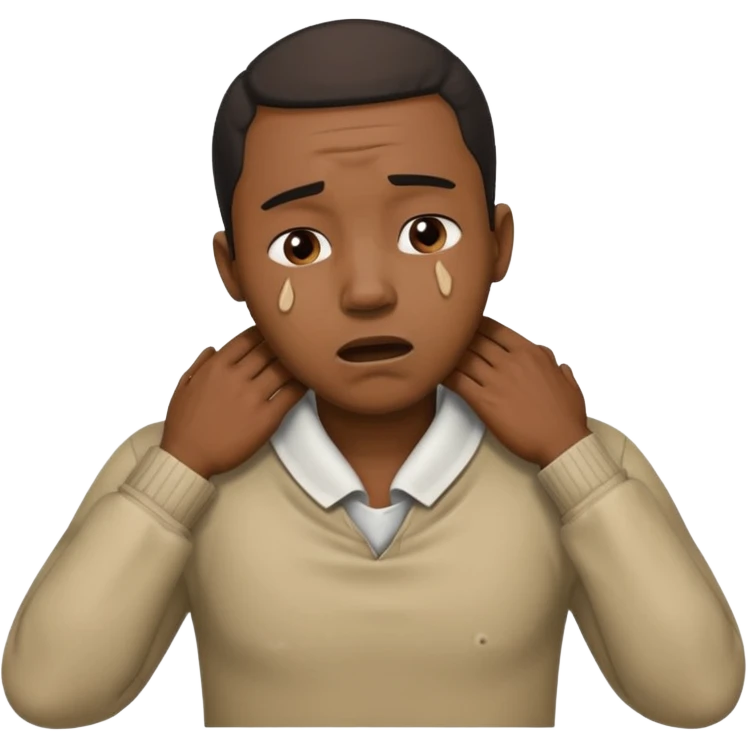 make a photo of a black man who is choking himself with his hands but his hands are on his neck emoji