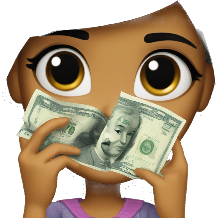 Black hair bratz girl wipes away tears with a banknote emoji
