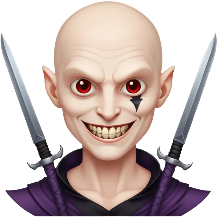 evil villain with razor blade weapons, completely hairless, sinister smile emoji