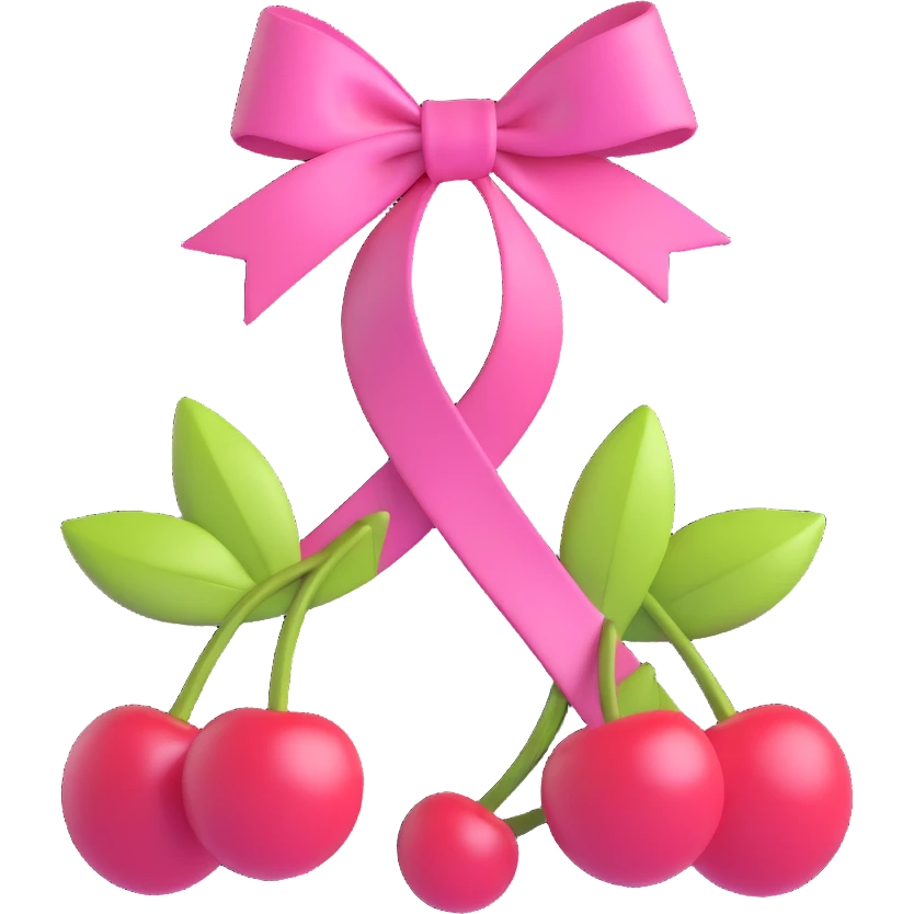 two cherries linked by a pink ribbon bow emoji