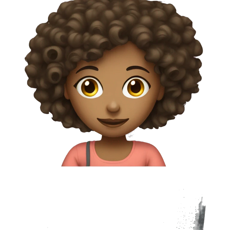 Curly haired brunette girl working from bed on laptop  emoji