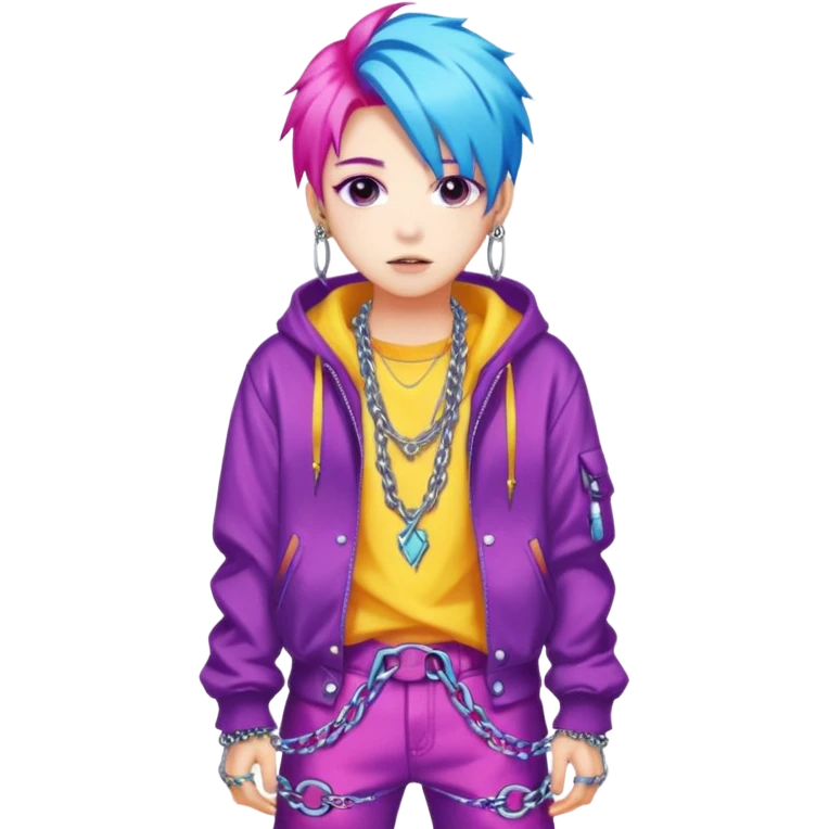  portrait-of-young-monster-idol-in-kpop-style,-wearing-flashy-streetwear-outfit,-colorful-dyed-hair,-confident-pose,-accessorized-with-chains- emoji