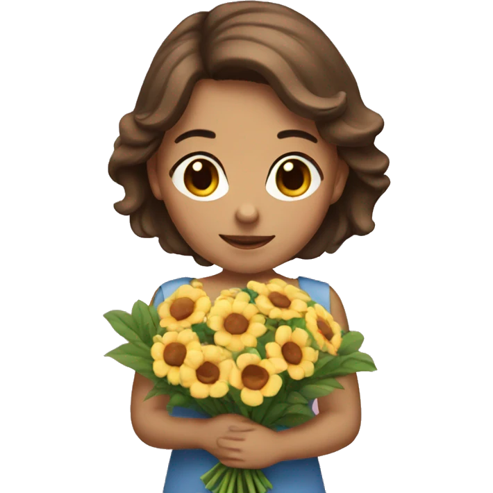 A girl with brown hair with a bouquet emoji