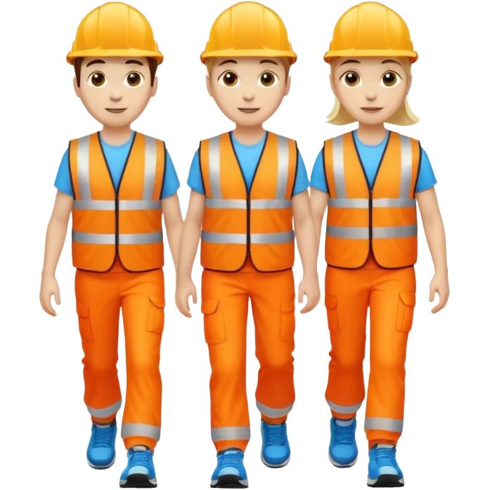 three people walking as friends, all in high-visibility vests and trainers, no hard hats emoji