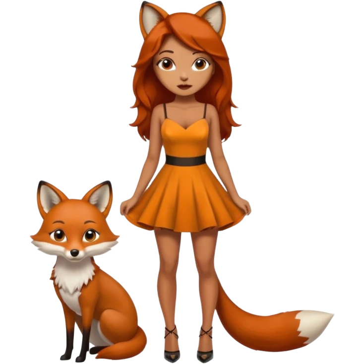 Pretty girl with caramel skin and freckles. Wearing a small sexy dress. Also dressed as a fox wearing heels emoji