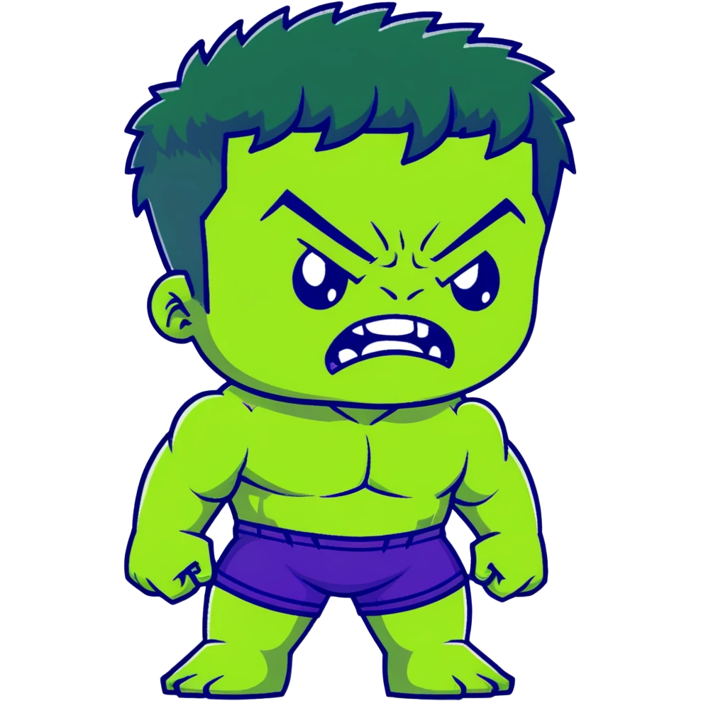 Chibi Hulk, cute small proportions, big head, tiny body, adorable angry expression, green skin, purple shorts emoji