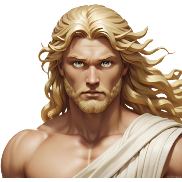 Cinematic Realistic Thor Portrait, depicted as a classical Greek god with a chiseled, sculpted physique reminiscent of ancient marble statues. His fair, luminous skin carries a subtle golden sheen, and his long, wavy, sun-kissed golden hair flows elegantly around his noble face, accentuating his determined, piercing eyes. Draped in a flowing white toga with delicate golden accents and hints of lightning motifs, the portrait is rendered in dynamic natural lighting with a radiant, mythic glow that exudes timeless strength and divine grace. emoji