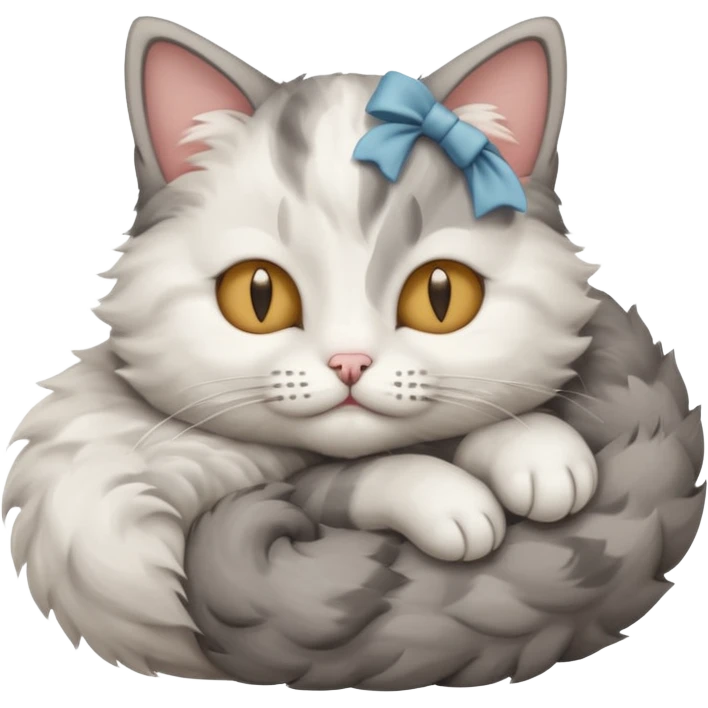 grey and white small cat with its eyes closed lying down with his paw curled under his head holding it up emoji