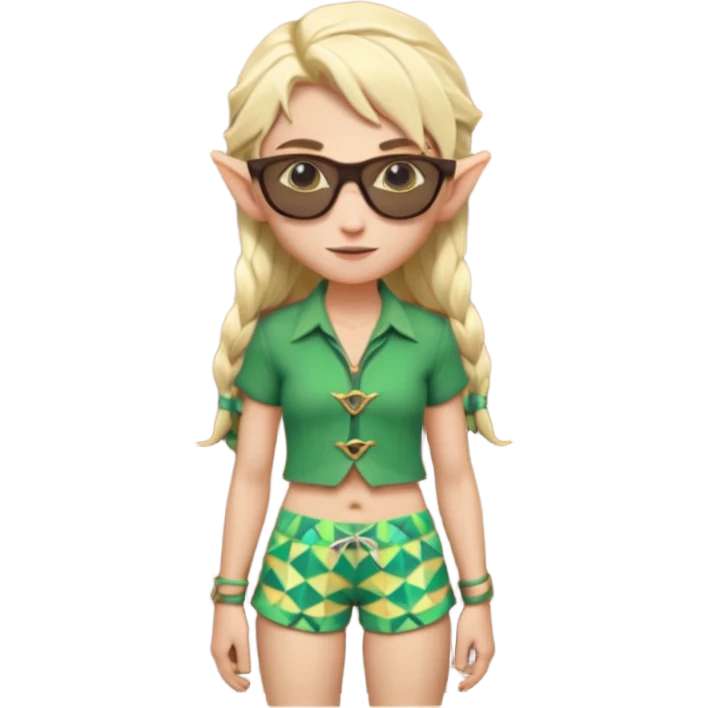 elf female legolas portrait, patterned board shorts (geometric/abstract), unique wooden-framed sunglasses, undercut hairstyle, slight smirk, visible pointy ears, no background, centered emoji, hipster summer vibe emoji