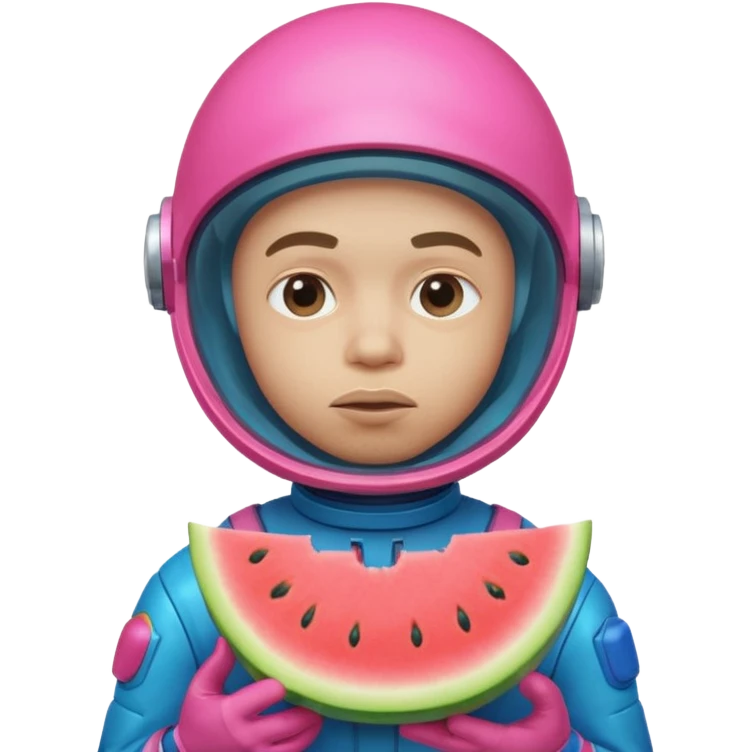 Neon pink and blue spaceman side eye eating melon looking suspicious emoji