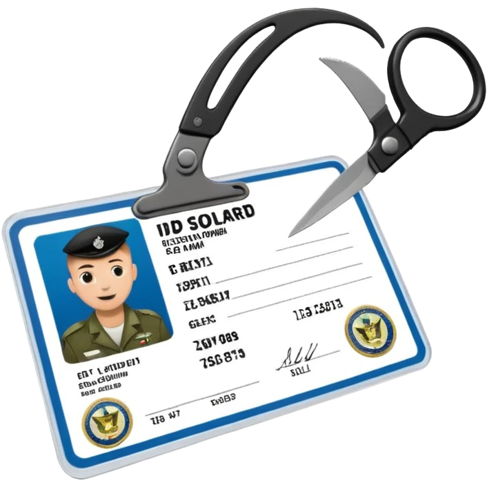 Floating black Scissors cutting in half an idf soldier ID card with a little chip in 2 parts emoji