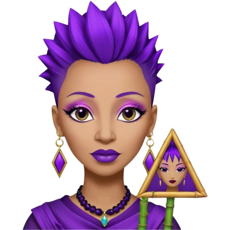 57 years young,  Black queen with a  mohawk hairstyle, purple lipstick,  purple eyeshadow,  droopy looking  eyes, bamboo triangle earrings with the name Draya personalized on them.  emoji