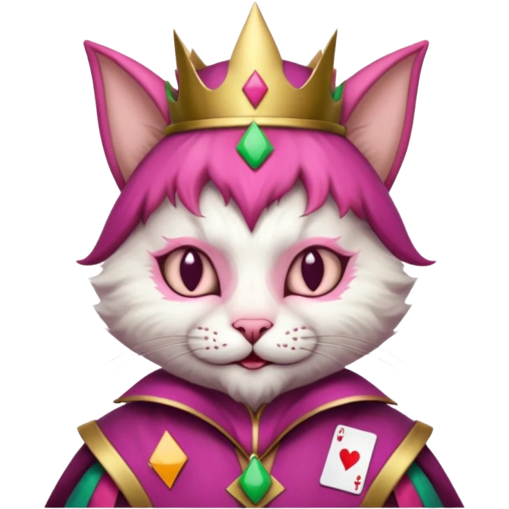 court jester cat medieval, single poker card joker clearly visible, pink, face only emoji