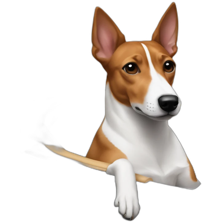 Tricolor basenji sitting in driver’s seat of a black Aston Martin emoji