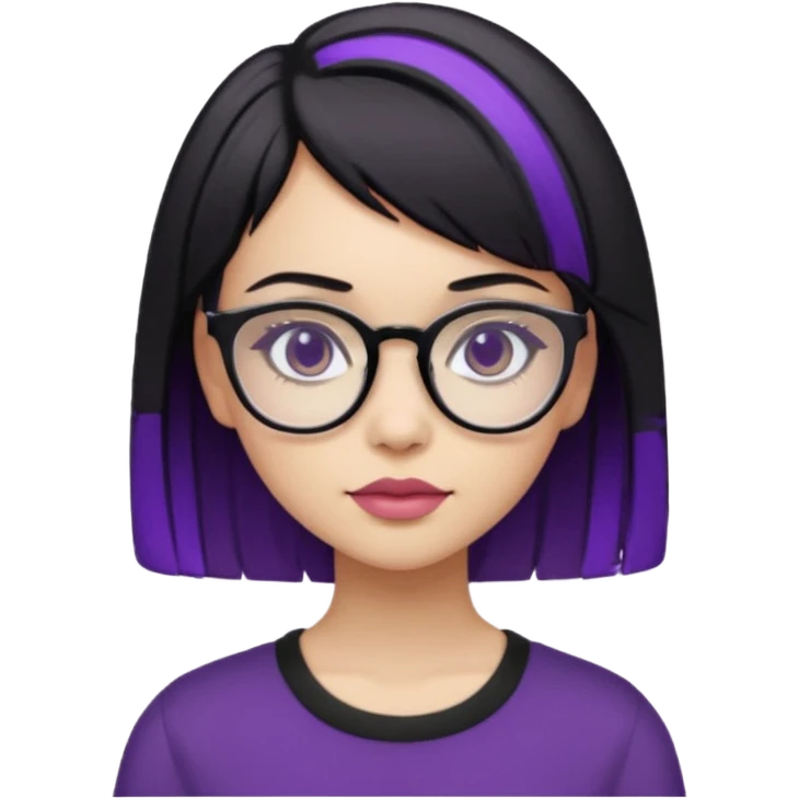 chica bonita con ligero cabello negro con rayas moradas que llega hasta los hombros con lentes cuadrados de estatura pequeña con ropa negra emoji