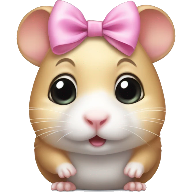 A small hamster with teary, watery eyes, looking emotional or on the verge of crying, wearing a cute pink bow on its head for an added touch of innocence and charm. emoji